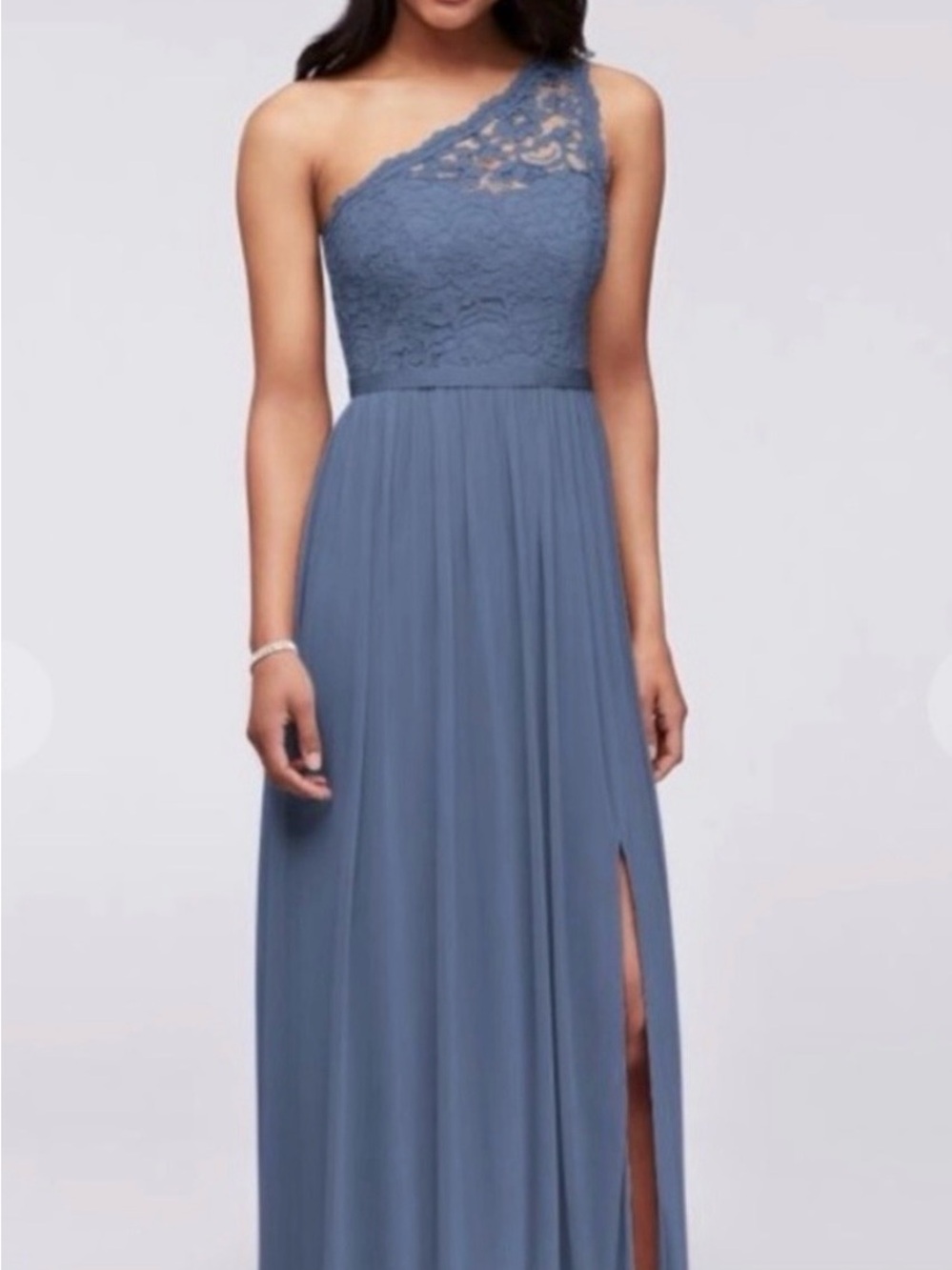 David’s bridal One-Shoulder Lace Bodice Dress in Steel Blue Chiffon